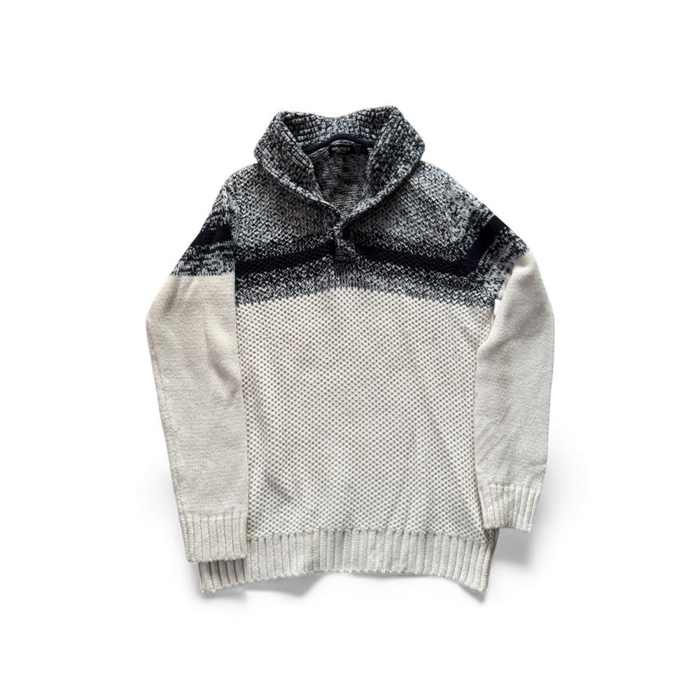 Nautica Men’s Navy Cream Wool Blend Long Sleeve Warm Sweater Large